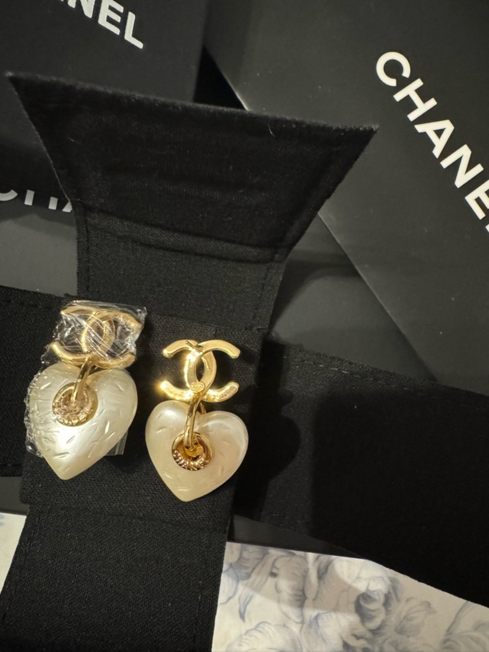 CHANEL Gold-Tone Double C Heart Drop Earrings with Pearl Hearts - Picture 4 of 9